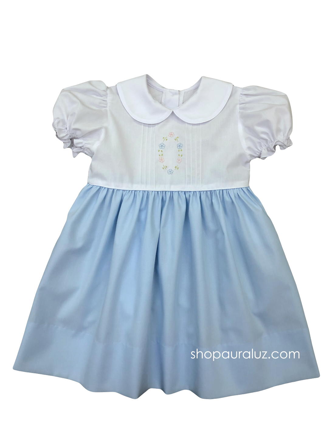 Auraluz Dress...Blue/white with tucks, p.p. collar and embroidered flowers