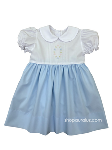 Auraluz Dress...Blue/white with tucks, p.p. collar and embroidered flowers