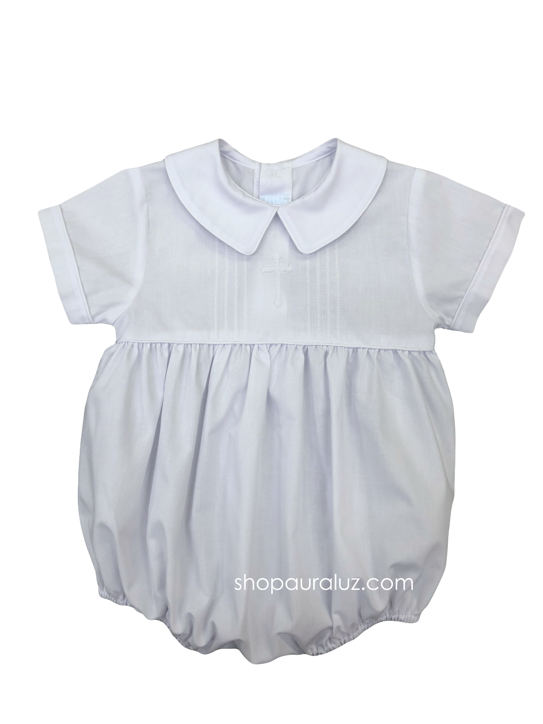 Auraluz Boy Bubble...White with boy collar, tucks and embroidered cross