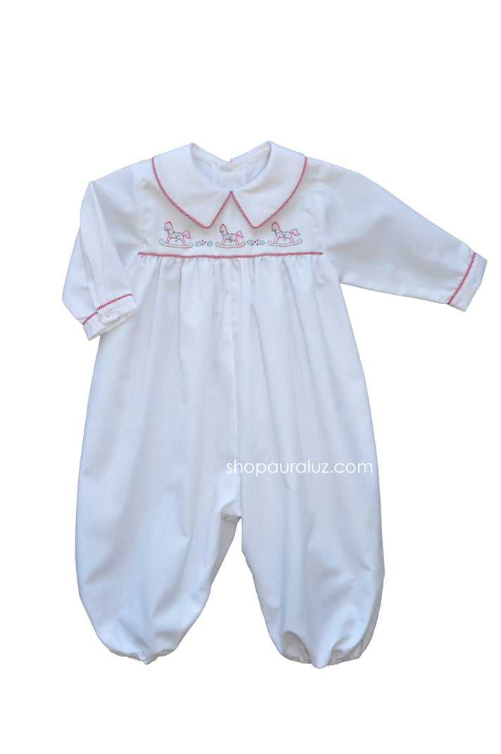 Auraluz Boy Longall...White with red check trim and embroidered rocking horses