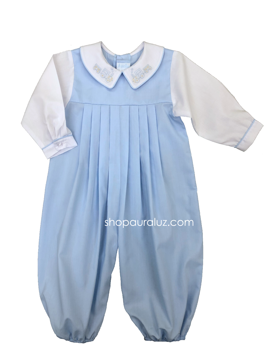 Auraluz Boy Bubble...Blue w/white long sleeves and boy collar with embroidered train