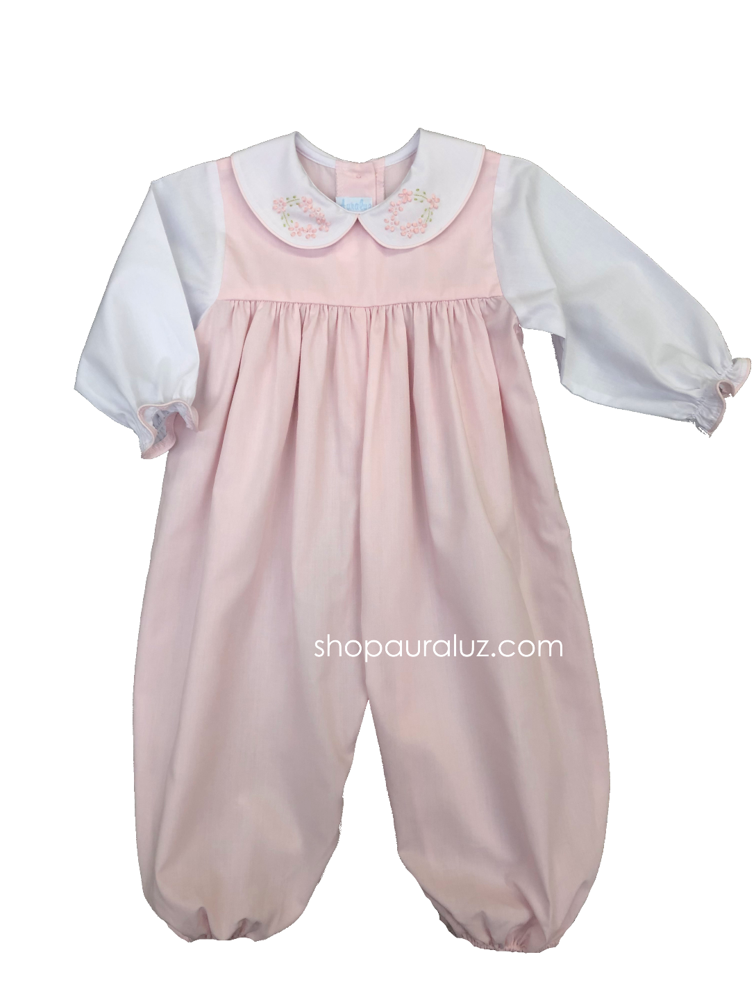 Auraluz Girl Longall...Pink w/white long sleeves and p.p. collar with embroidered flowers