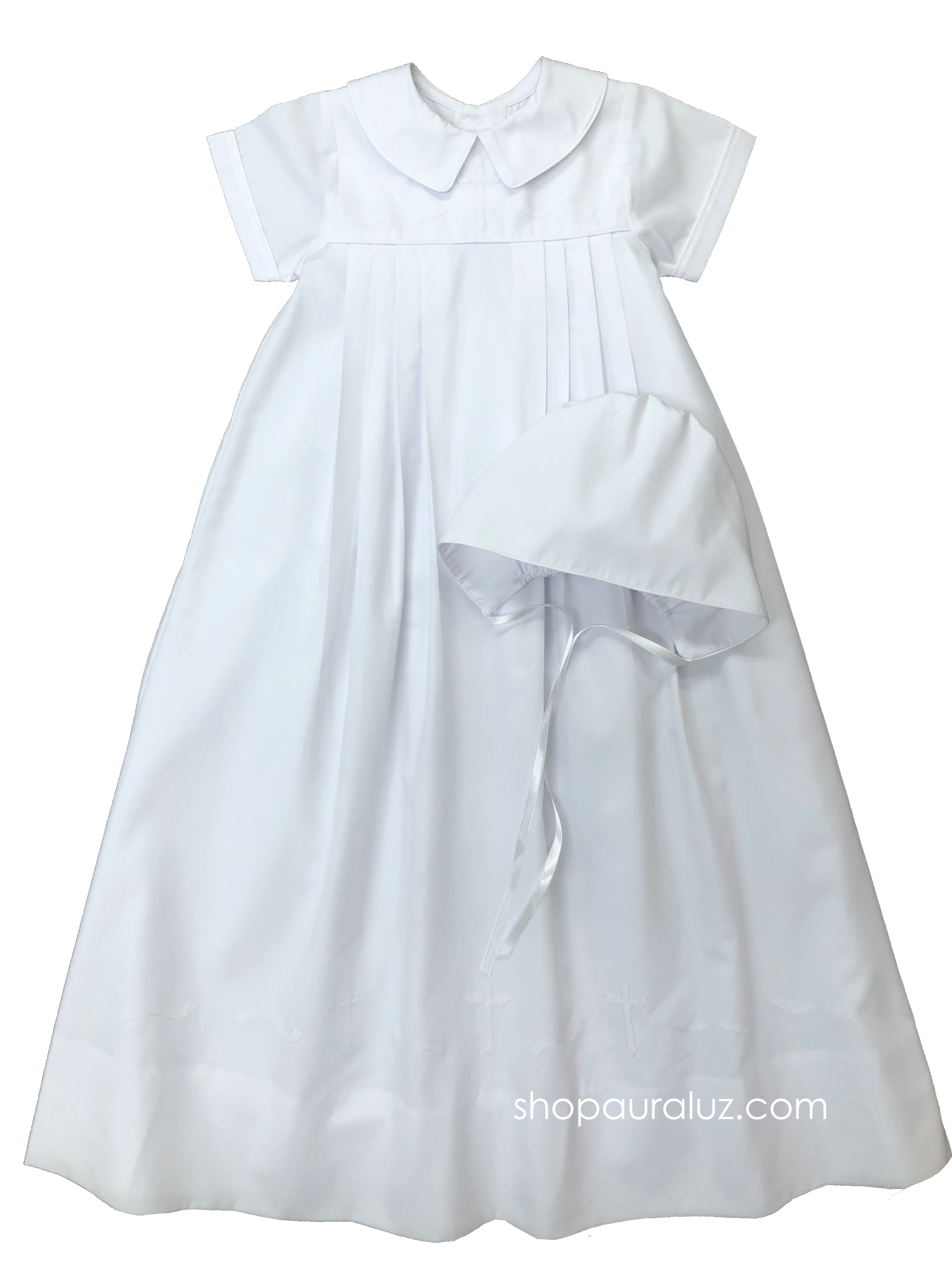 Auraluz Christening Gown/Slip/Hat. White with white piping trim and cross ribbon embroidery