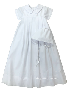 Auraluz Christening Gown/Slip/Hat. White with white piping trim and cross ribbon embroidery