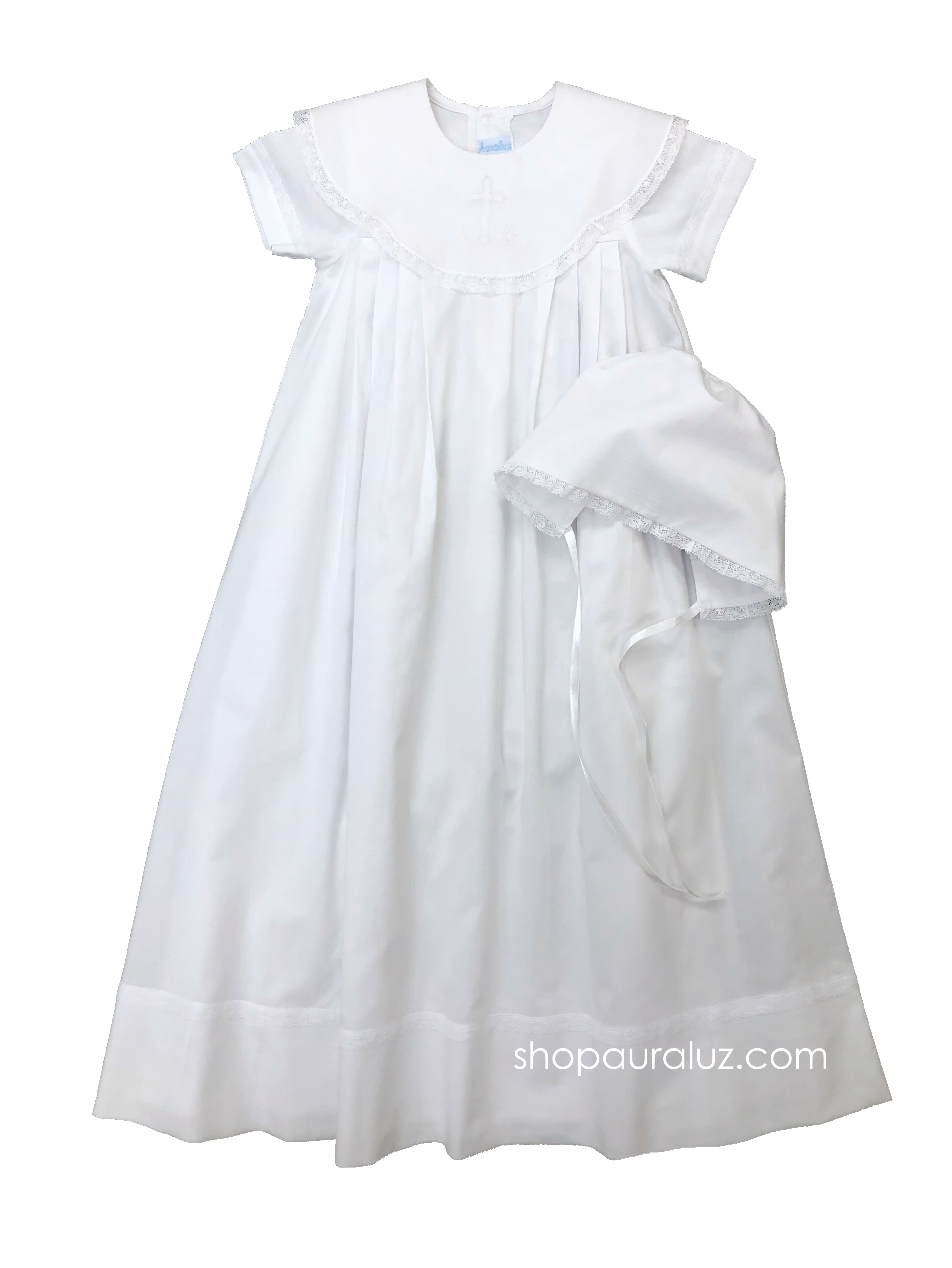 Auraluz Christening Gown/Slip/Hat...White with white lace, scalloped round collar and embroidered cross
