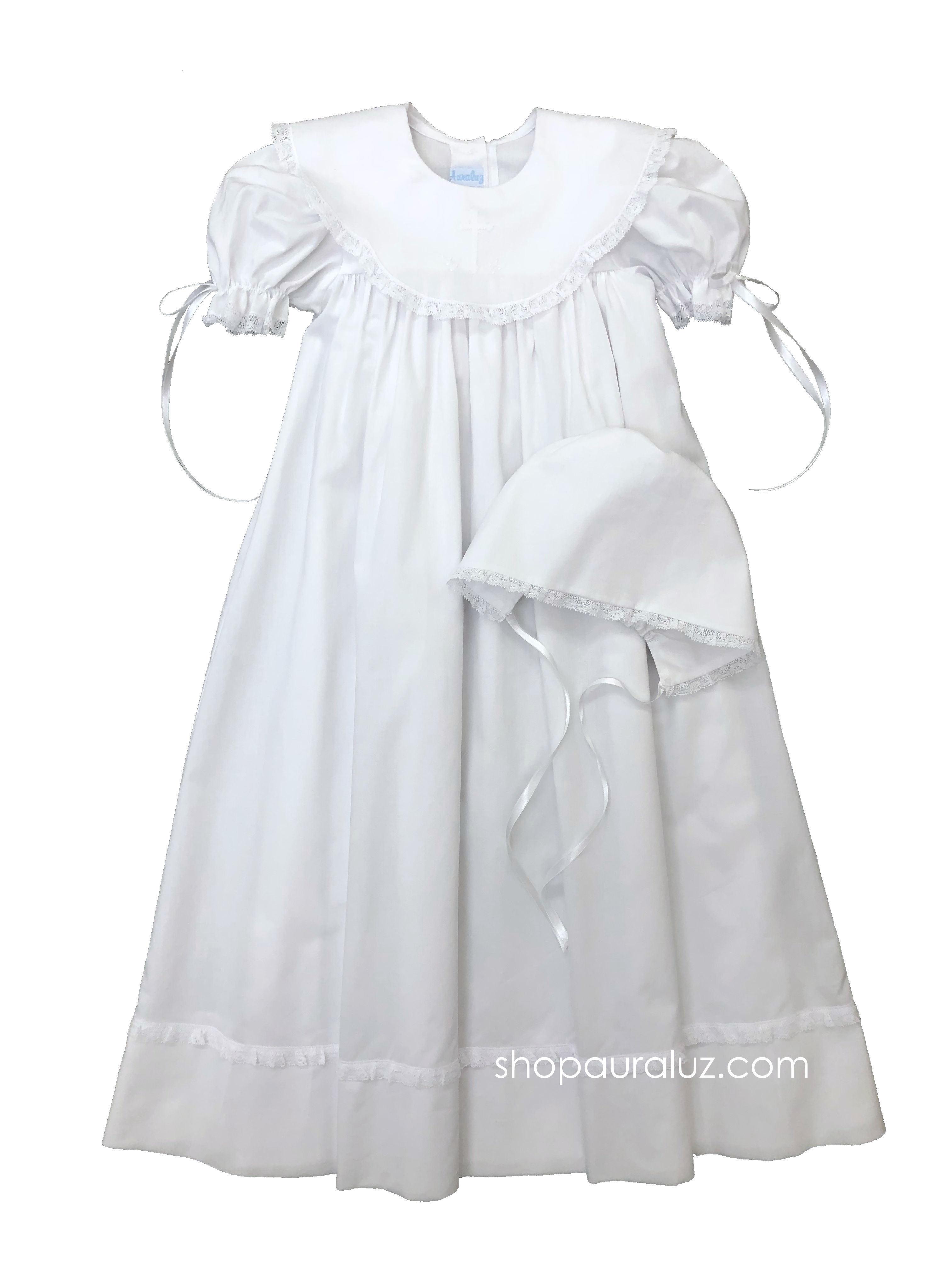 Auraluz Christening Gown/Slip/Hat...White with white lace/ribbon, scalloped round collar and embroidered cross