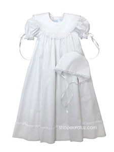 Auraluz Christening Gown/Slip/Hat...White with white lace/ribbon, scalloped round collar and embroidered cross
