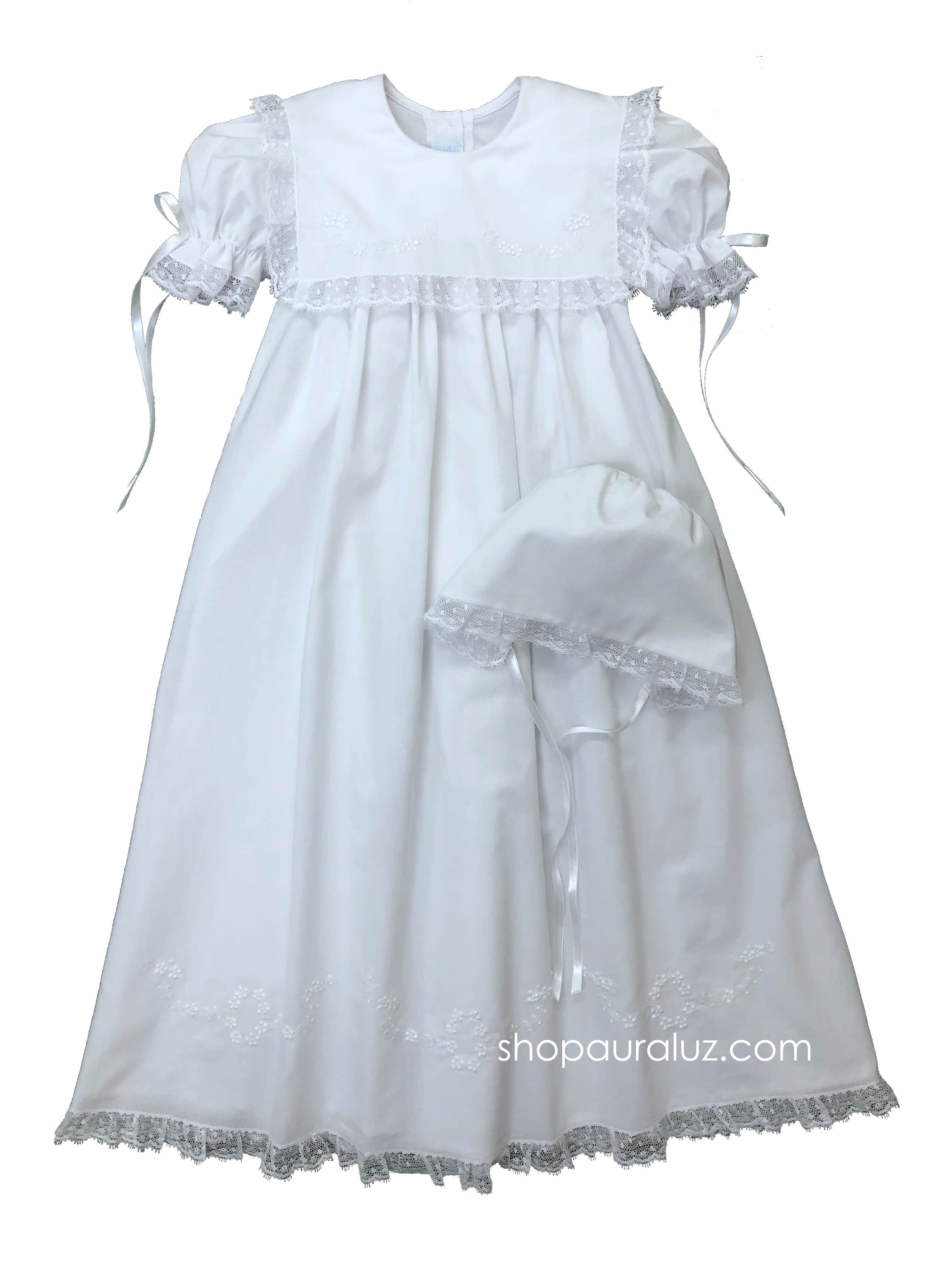 Auraluz Christening Gown/Slip/Hat...White with white lace/ribbon, square collar and embroidered flowers