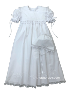 Auraluz Christening Gown/Slip/Hat...White with white lace/ribbon, square collar and embroidered flowers