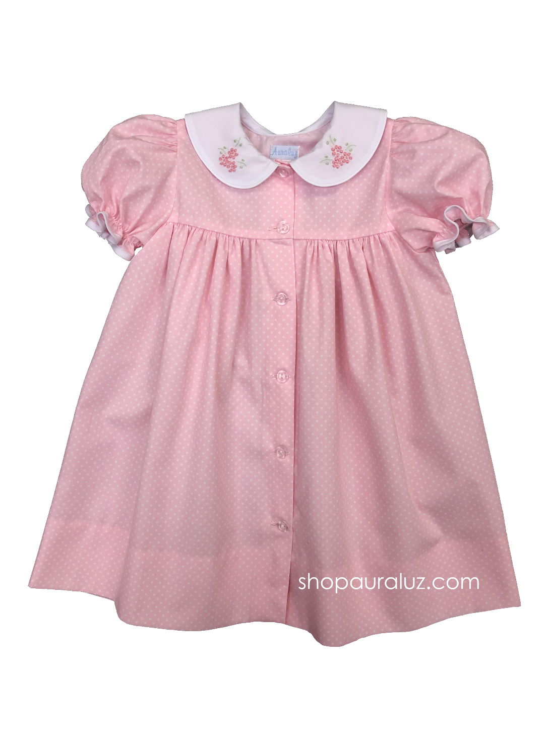 Auraluz Dress...Pink/white polka dots, button-front, white p.p. collar and embroidered flowers-STORE EXCLUSIVE!