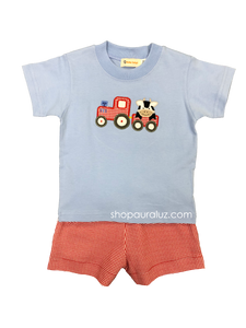 Boy 2pc..Blue shirt/Red check short with cow applique