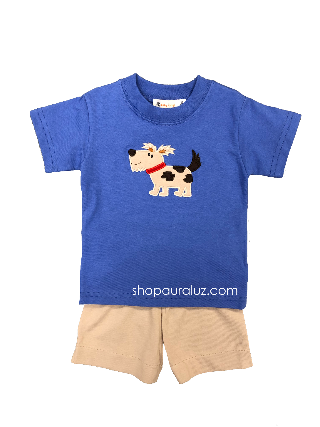 Boy 2pc..Blue shirt/Tan short with dog applique